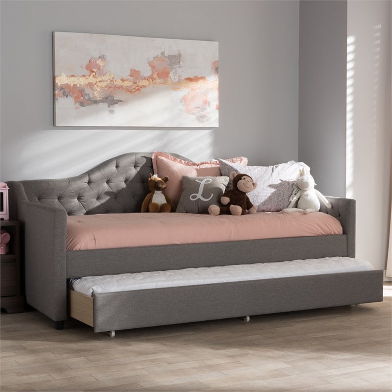 Baxton Studio Perry Fabric Daybed with Trundle in Light Gray