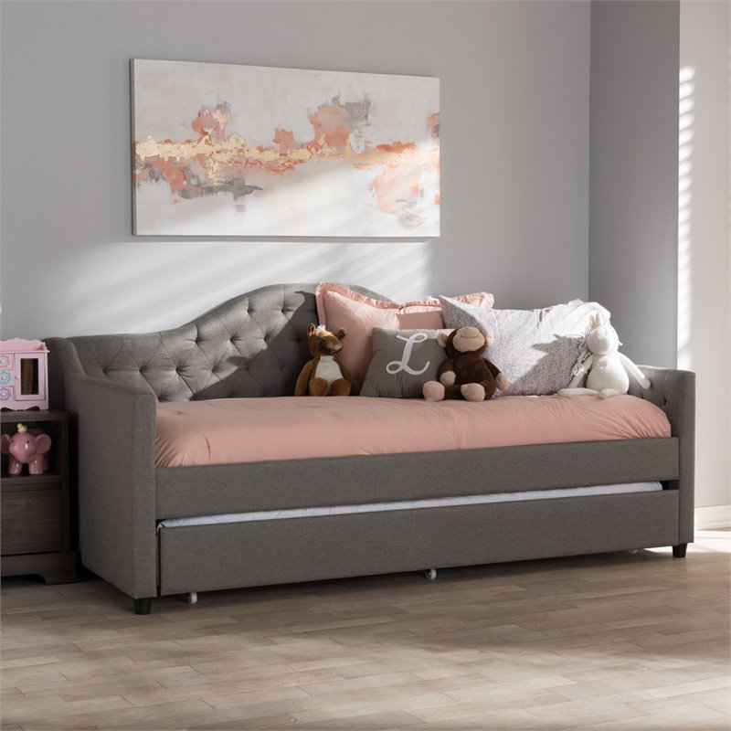 Baxton Studio Perry Fabric Daybed with Trundle in Light Gray