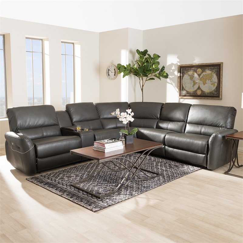 Baxton Studio Amaris 5 Piece Leather Reclining Sectional in Gray