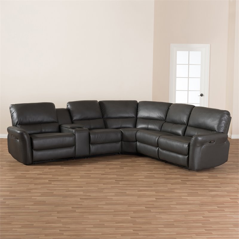 Baxton Studio Amaris 5 Piece Leather Reclining Sectional in Gray