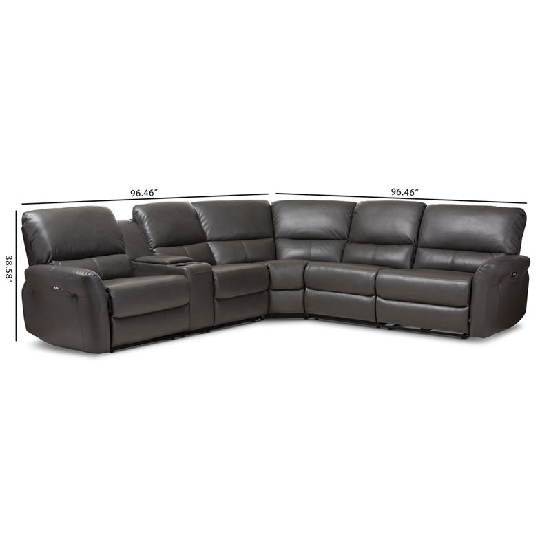 Baxton Studio Amaris 5 Piece Leather Reclining Sectional in Gray