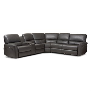 Baxton Studio Amaris 5 Piece Leather Reclining Sectional in Gray
