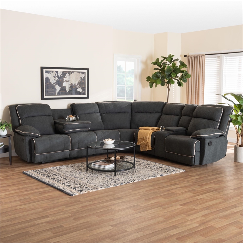 Baxton Studio Sabella 7 Piece Reclining Sectional in Dark Gray