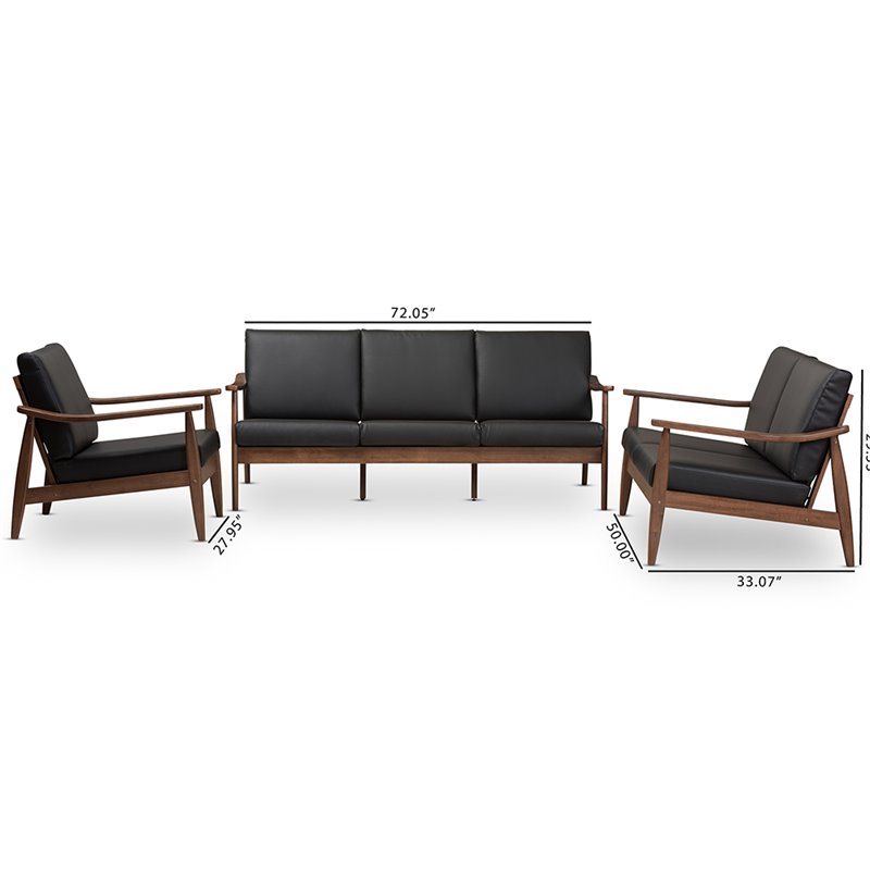 Baxton Studio Venza 3 Piece Upholstered Sofa Set in Black and Brown