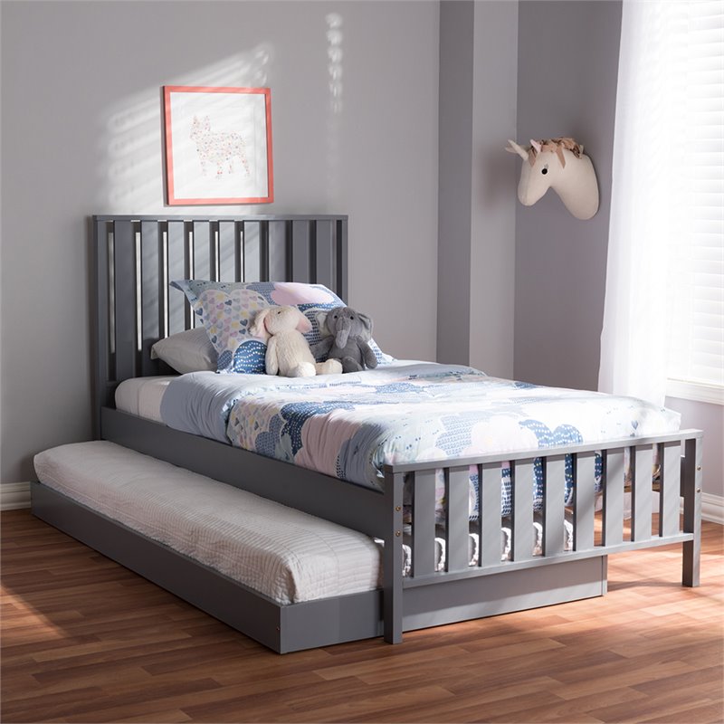 Baxton Studio Harlan Twin Spindle Platform Bed with Trundle in Gray