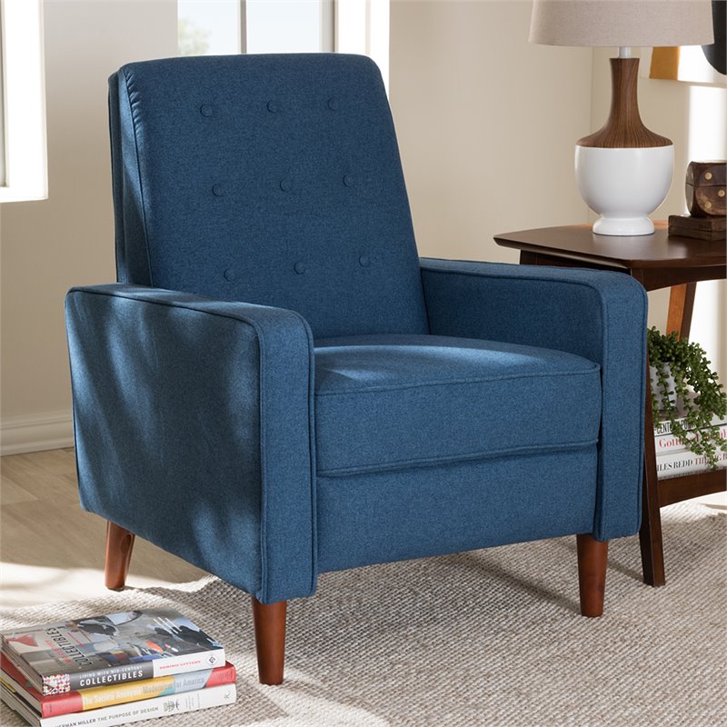 Baxton Studio Mathias Tufted Recliner in Blue and Walnut