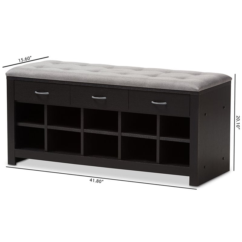 Baxton Studio 10 Cubby Upholstered Shoe Storage Bench in Gray