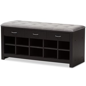 baxton studio 10 cubby upholstered shoe storage bench in gray