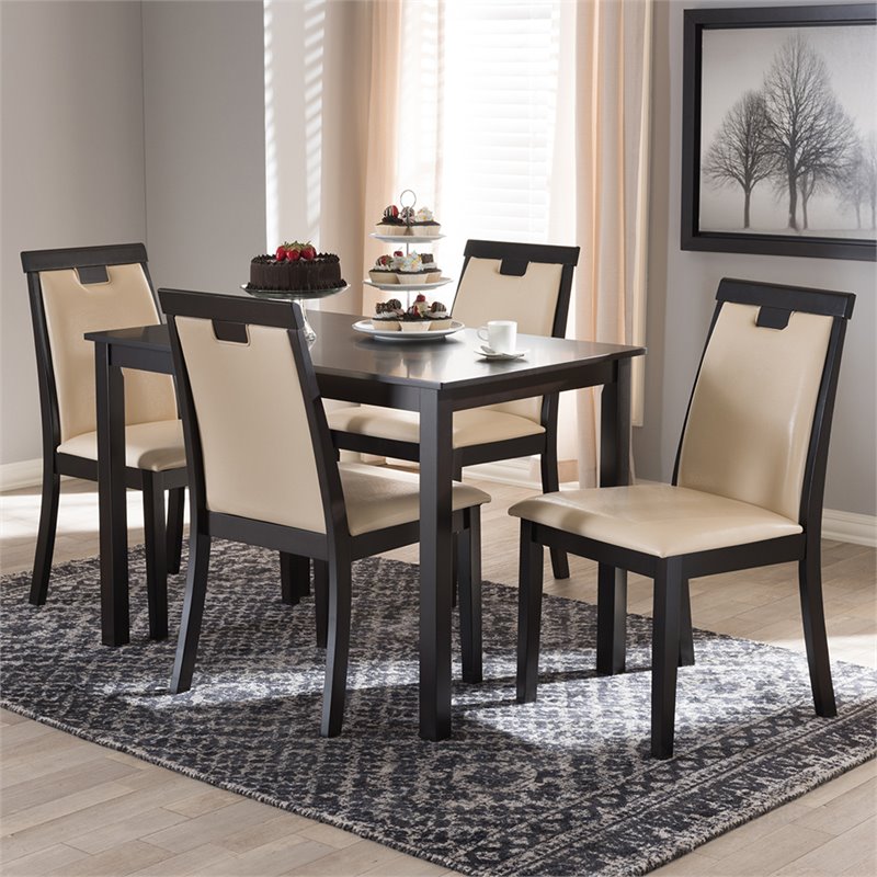 Baxton Studio Evelyn 5 Piece Dining Set in Beige and Dark Brown