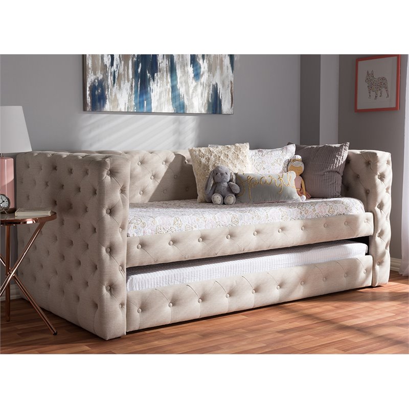 Baxton Studio Janie Tufted Daybed With Trundle In Light Beige