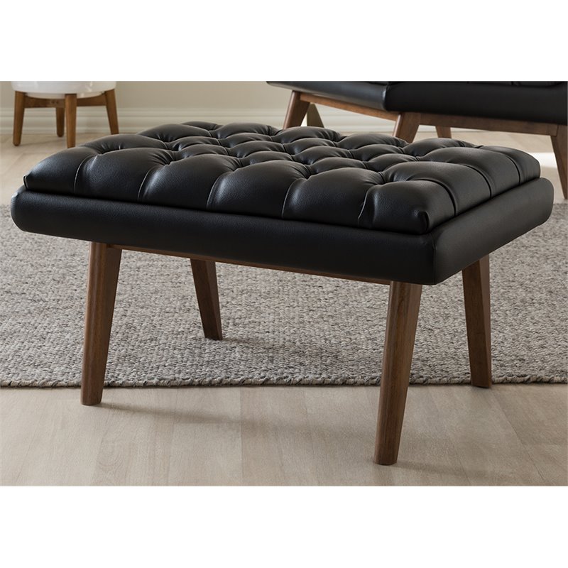 Baxton Studio Annetha Faux Leather Ottoman in Black and Walnut