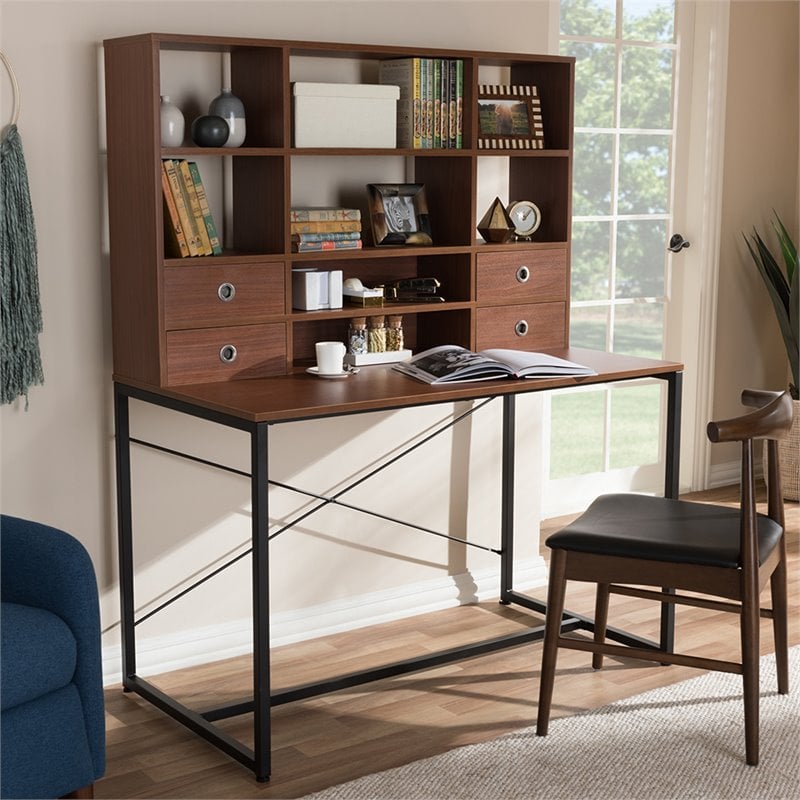 Baxton Studio Edwin Writing Desk with Bookcase Hutch in Light