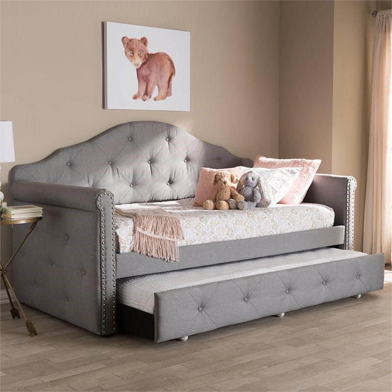 Baxton Studio Emilie Contemporary Tufted Fabric Daybed with Trundle in Gray