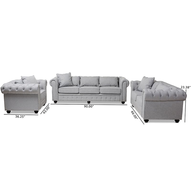 Baxton Studio Alaise 3 Piece Tufted Chesterfield Sofa Set in Gray