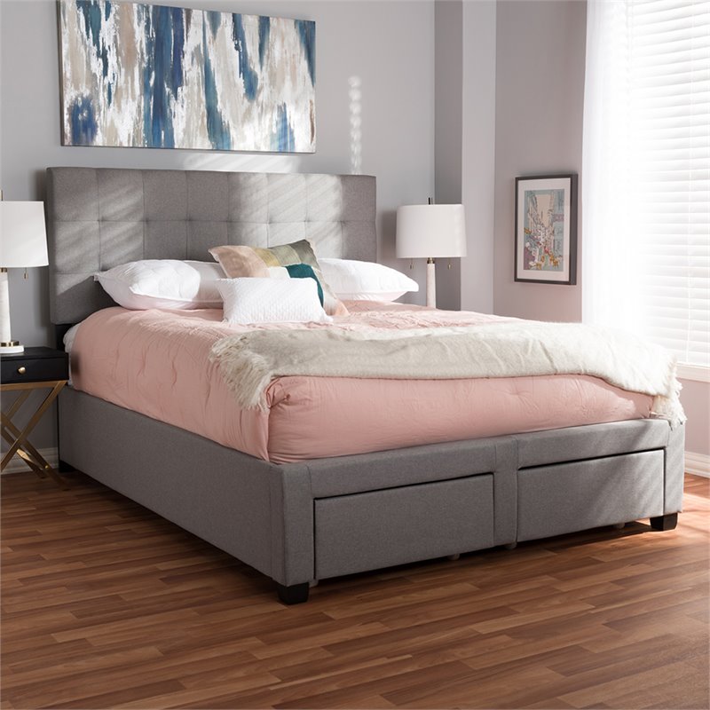 Baxton Studio Tibault Tufted Queen Storage Panel Bed in Gray