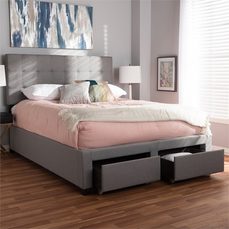 Baxton Studio Tibault Tufted Queen Storage Panel Bed in Gray