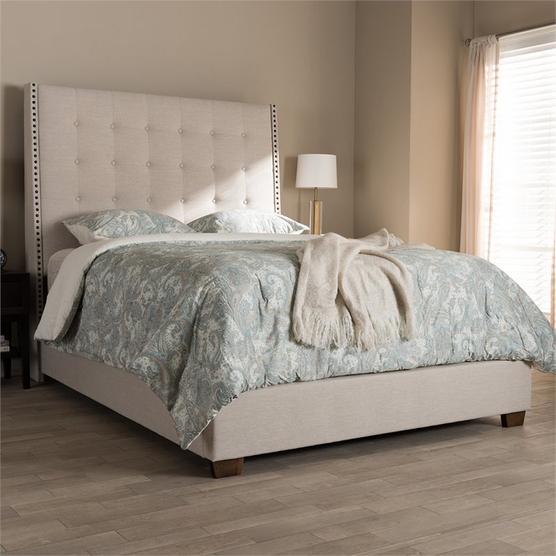 Baxton Studio Georgette Tufted King Panel Bed in Light Beige
