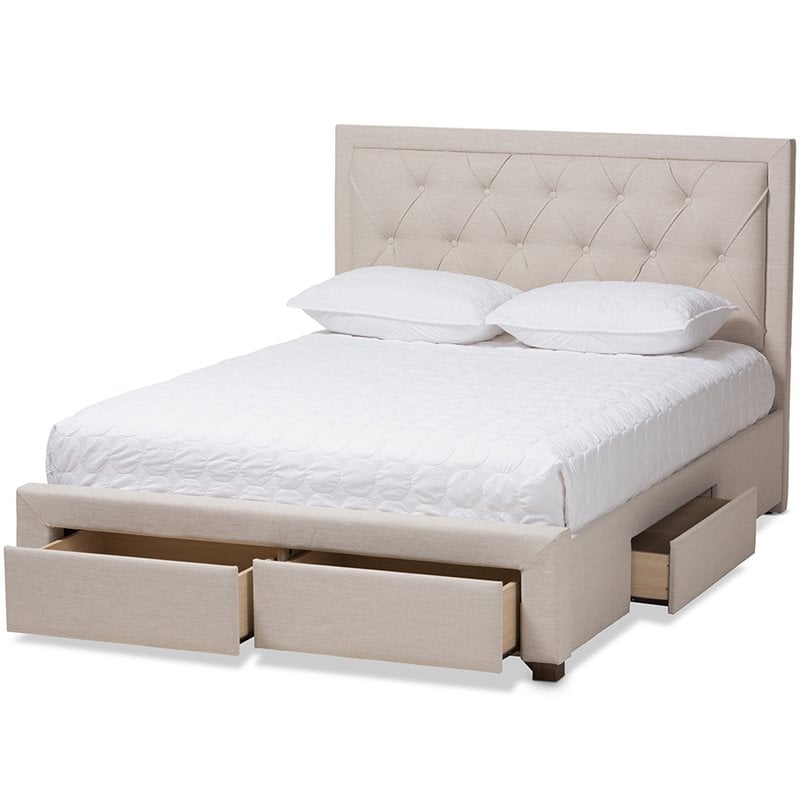 Baxton Studio Aurelie Tufted King Storage Platform Bed In Light Beige ...