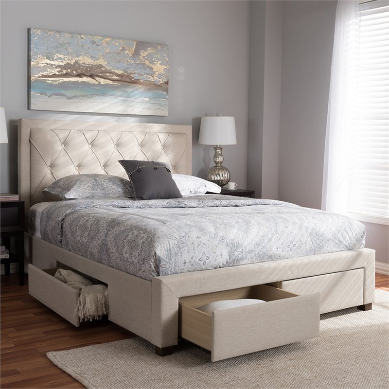 Baxton Studio Aurelie Tufted King Storage Platform Bed in ...