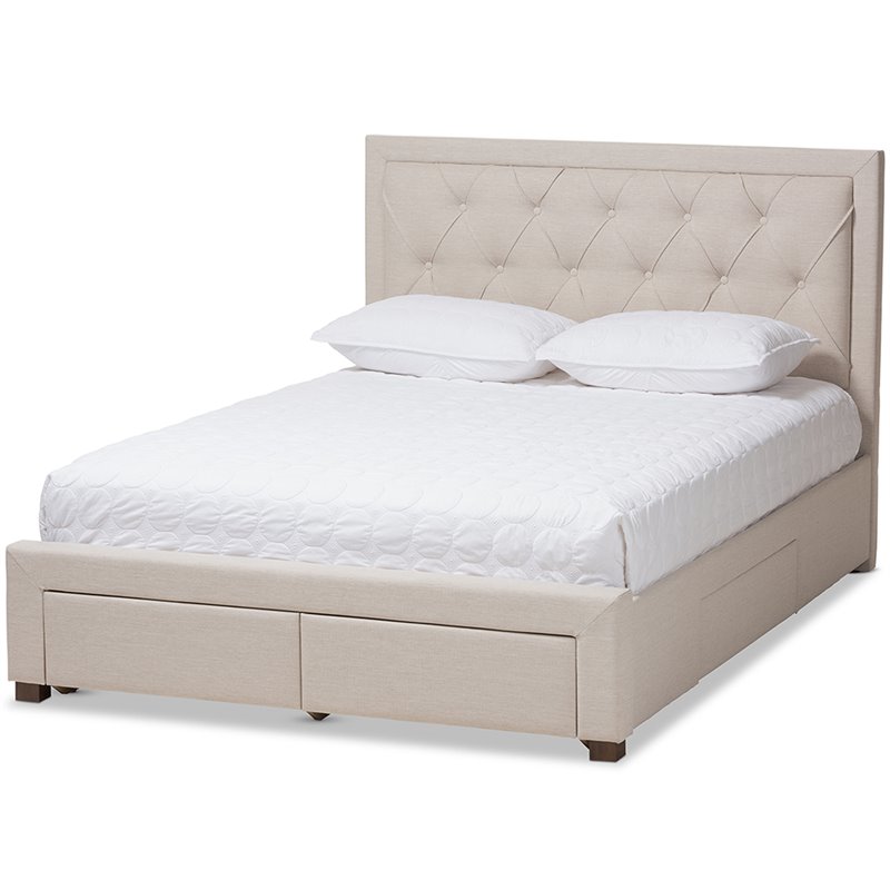 Baxton Studio Aurelie Tufted King Storage Platform Bed in Light Beige