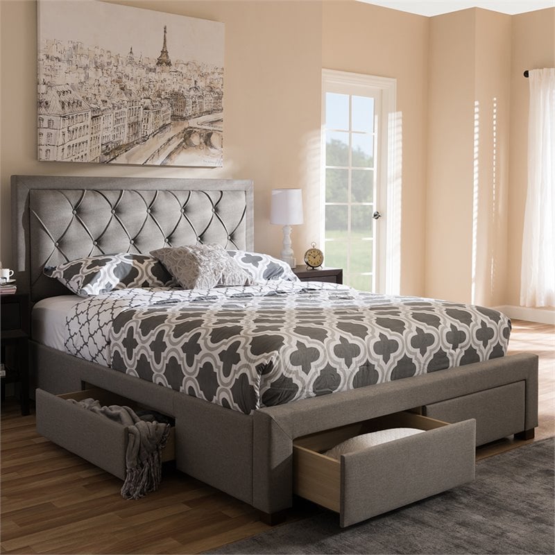 Baxton Studio Aurelie Tufted Queen Storage Platform Bed in Light Gray