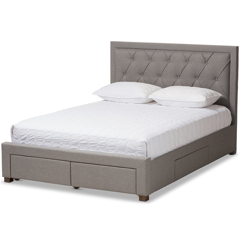 Baxton Studio Aurelie Tufted Queen Storage Platform Bed in Light Gray