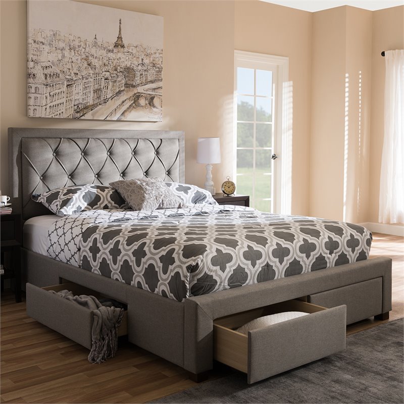 Baxton Studio Aurelie Tufted King Storage Platform Bed in Light Gray