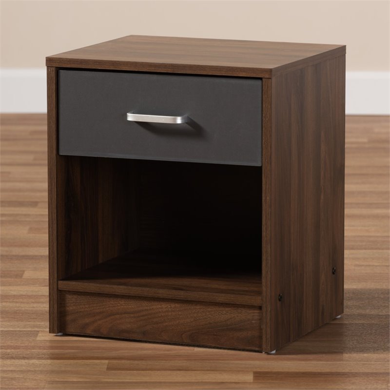 Baxton Studio Hansel 1 Drawer Wood Nightstand in Dark Brown and Dark Grey