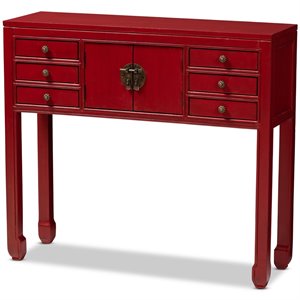 baxton studio melodie 6 drawer console table in red and bronze