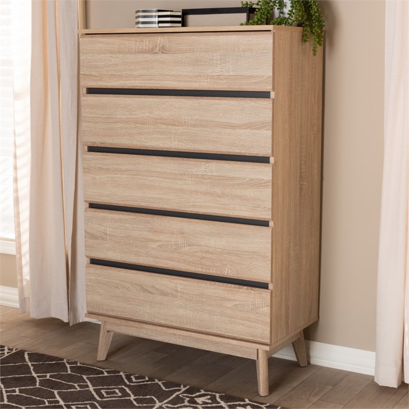 Baxton Studio Miren 5 Drawer Modern Chest in Light Oak and Dark Grey