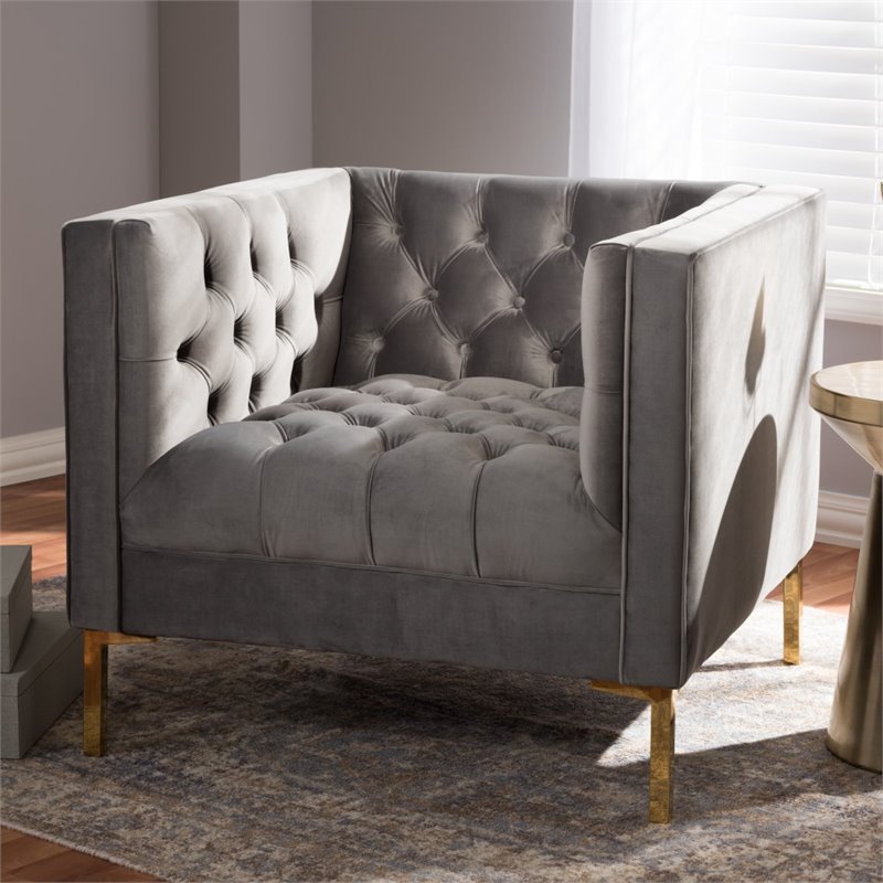 Baxton Studio Zanetta Velvet Tufted Lounge Chair in Grey and Gold
