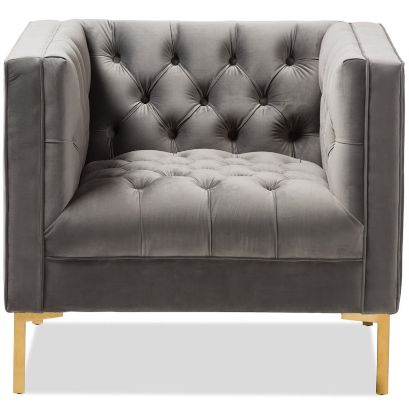 Baxton Studio Zanetta Velvet Tufted Lounge Chair in Grey and Gold