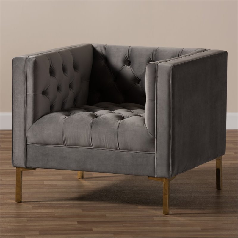Baxton Studio Zanetta Velvet Tufted Lounge Chair in Grey and Gold