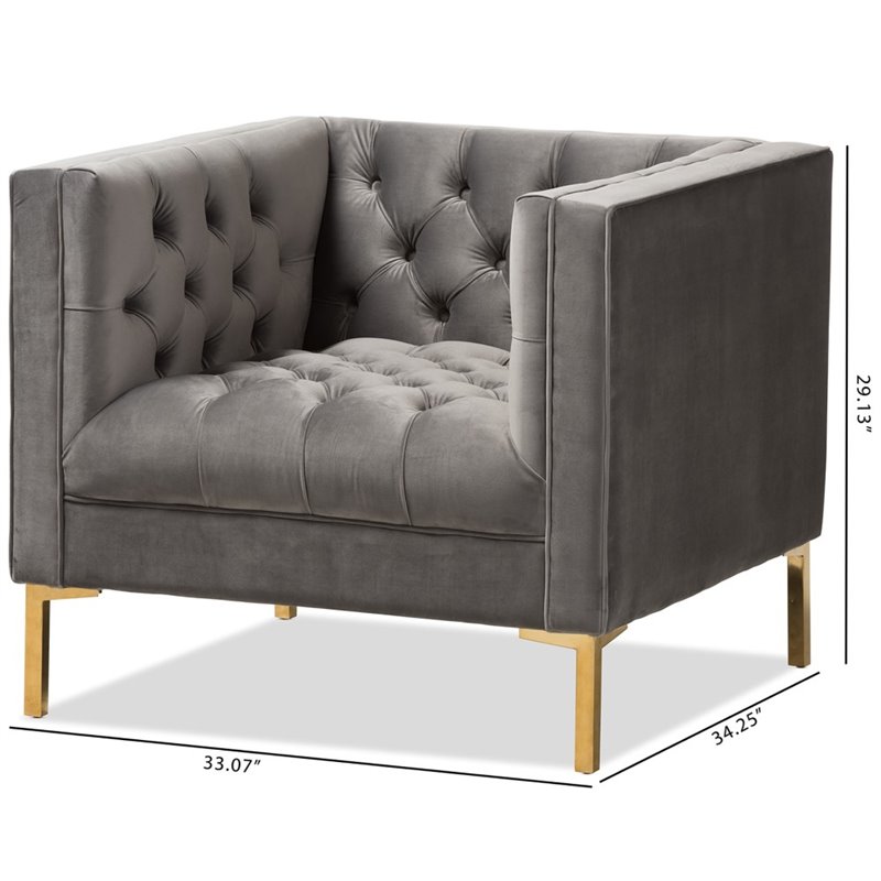 Baxton Studio Zanetta Velvet Tufted Lounge Chair in Grey and Gold