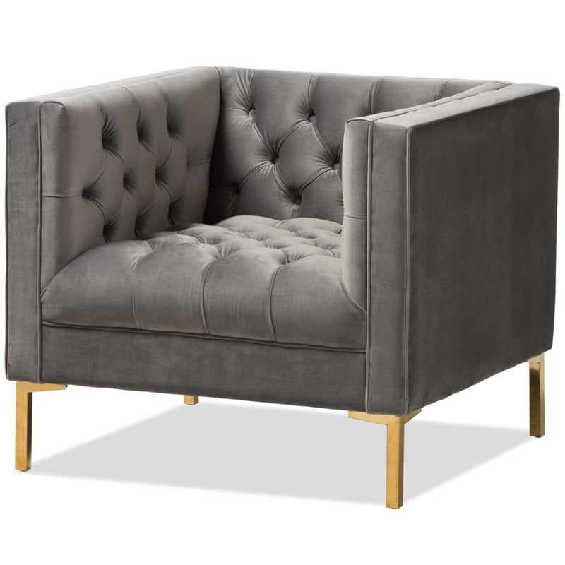 Baxton Studio Zanetta Velvet Tufted Lounge Chair in Grey and Gold
