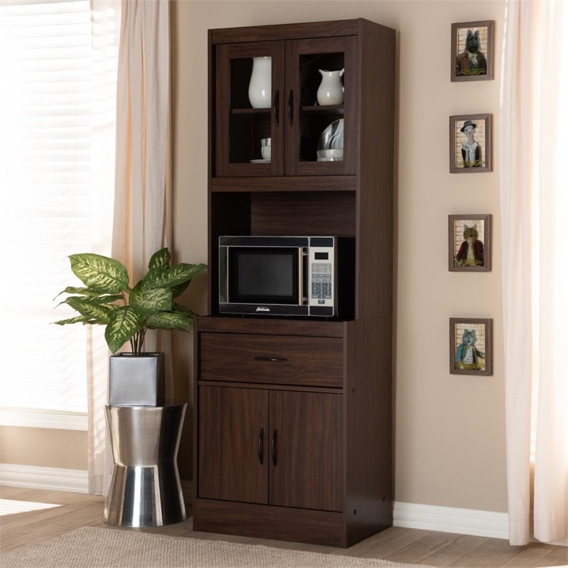 Baxton Studio Laurana Kitchen Cabinet and Hutch in Dark Walnut