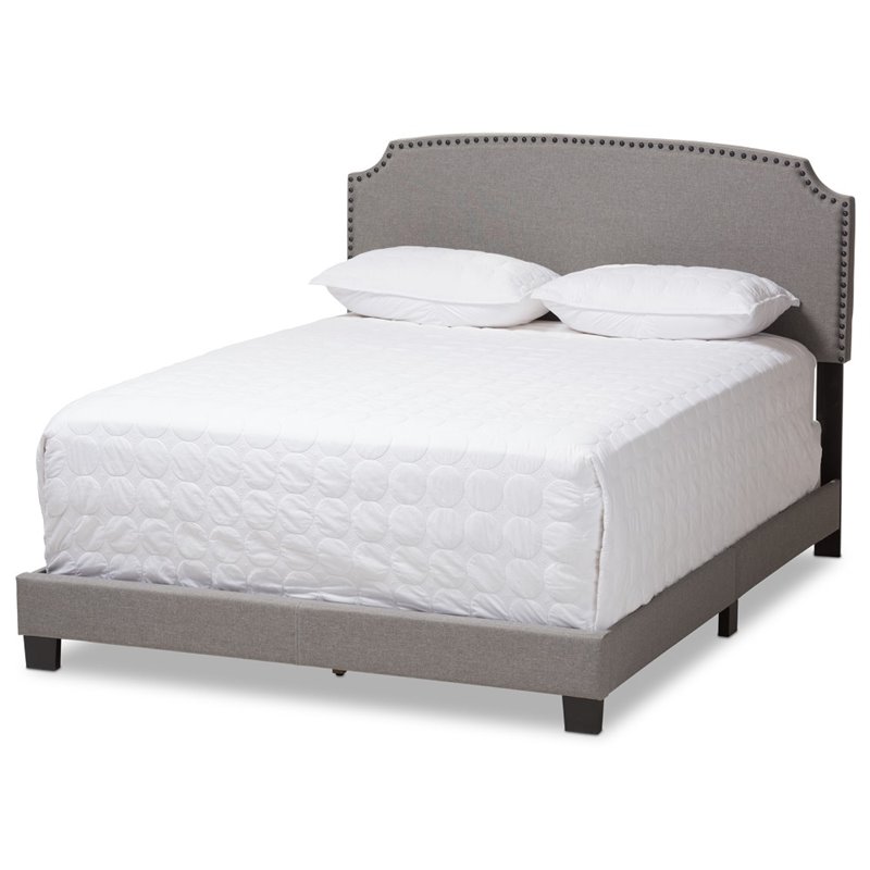 Baxton Studio Odette Nailhead Upholstered Full Bed in Light Grey