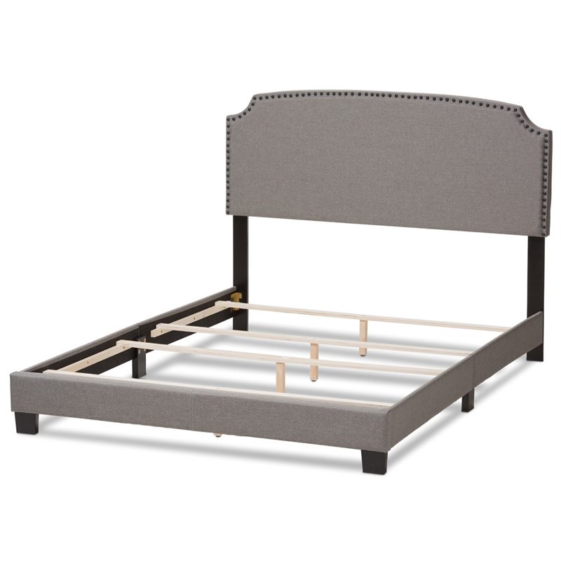 Baxton Studio Odette Nailhead Upholstered Queen Bed in Light Grey