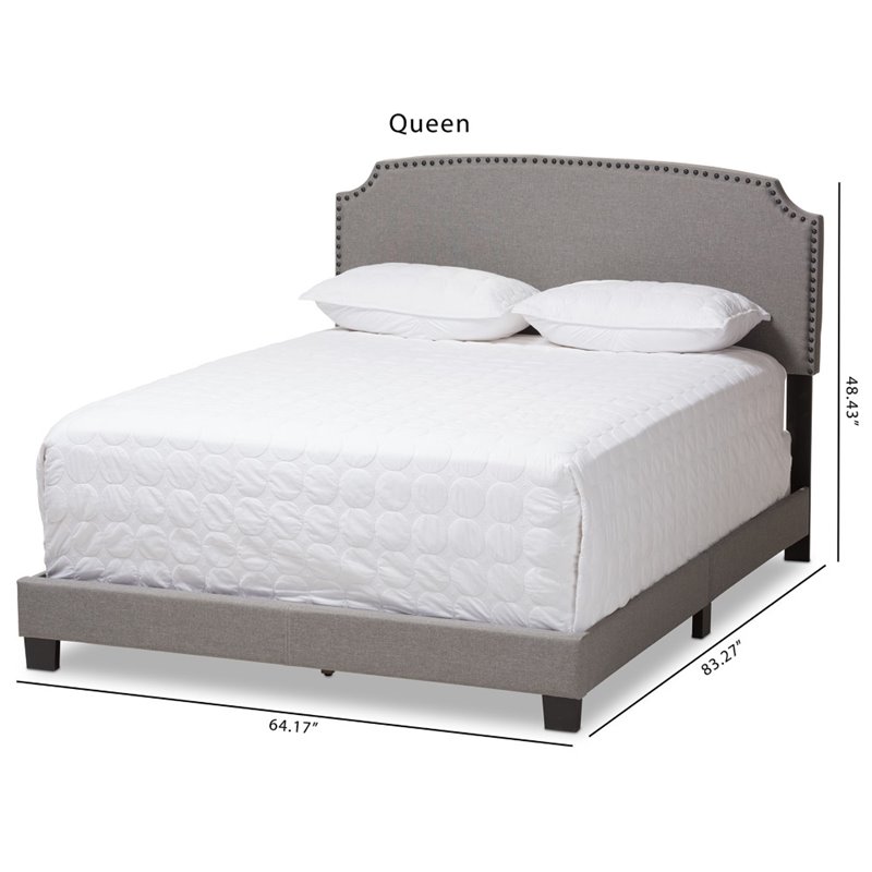 Baxton Studio Odette Nailhead Upholstered Queen Bed in Light Grey