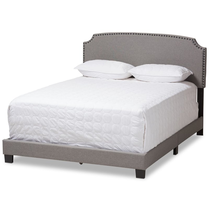 Baxton Studio Odette Nailhead Upholstered Queen Bed in Light Grey