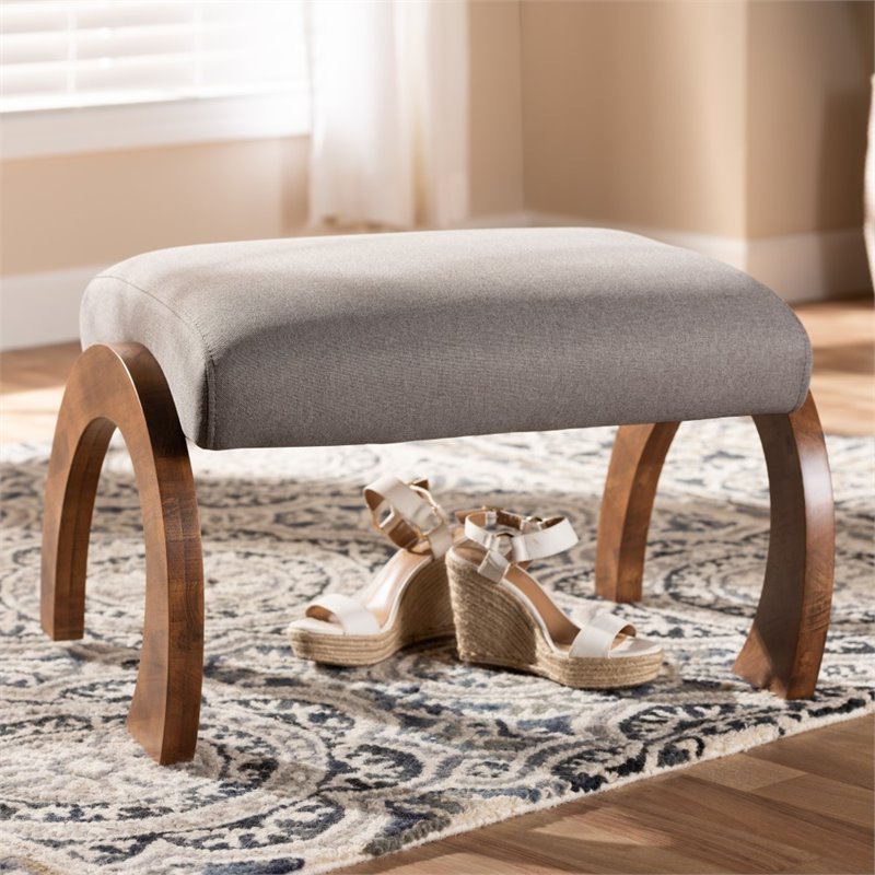 Baxton Studio Sandrine Fabric Ottoman in Grey and Walnut Brown
