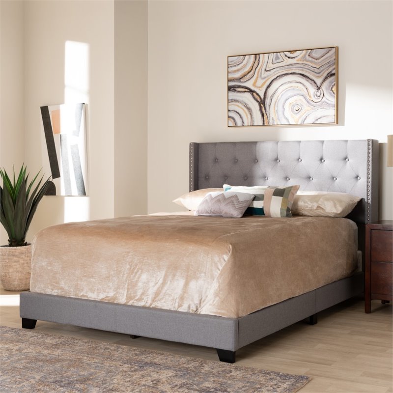 Baxton Studio Brady Fabric Tufted Queen Bed in Light Grey