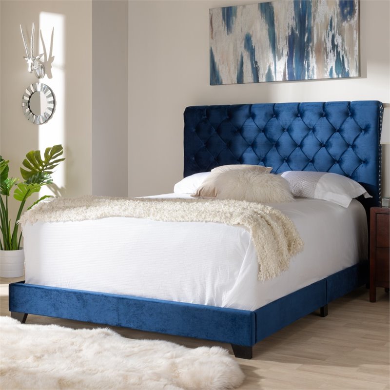 Baxton Studio Candace Velvet Tufted Queen Bed in Navy