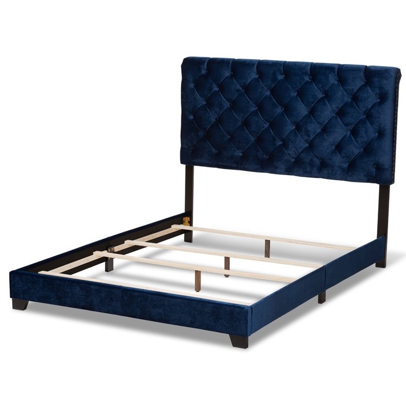 Baxton Studio Candace Velvet Tufted Queen Bed in Navy