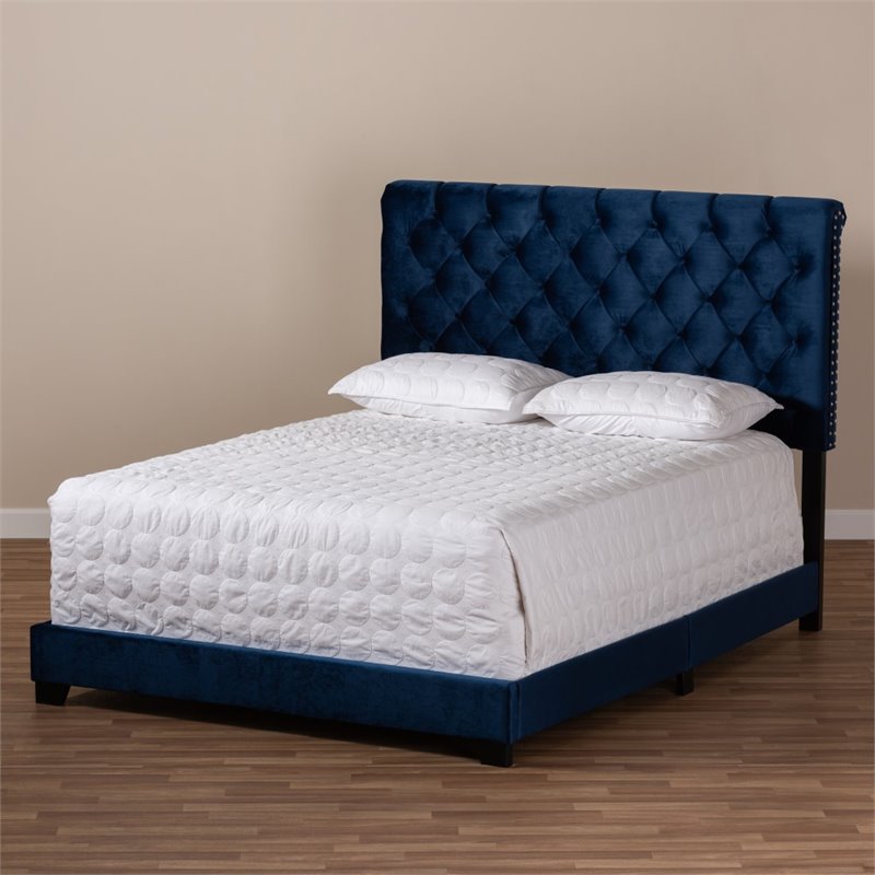 Baxton Studio Candace Velvet Tufted Queen Bed in Navy