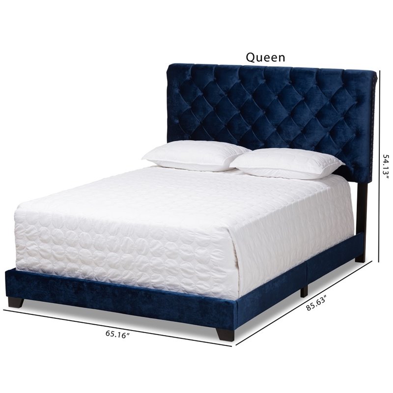 Baxton Studio Candace Velvet Tufted Queen Bed in Navy