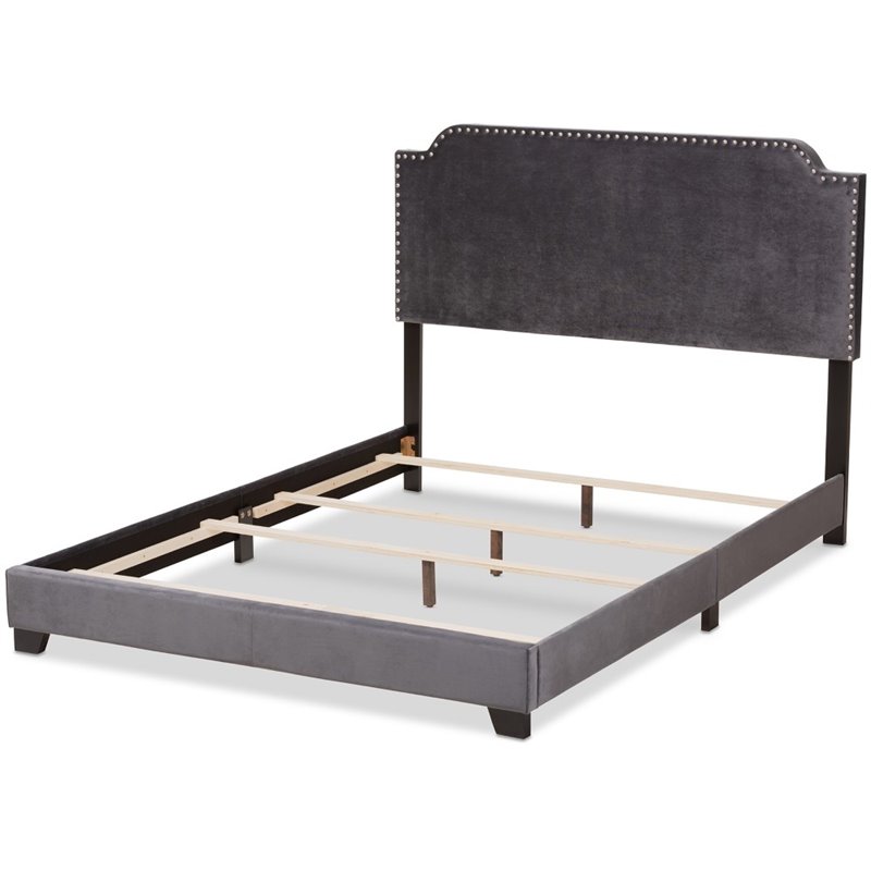 Baxton Studio Candace Velvet Nailhead Upholstered Full Bed in Gray Fabric