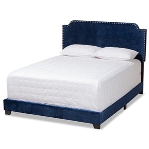 Baxton Studio Candace Velvet Nailhead Upholstered Full Bed in Navy