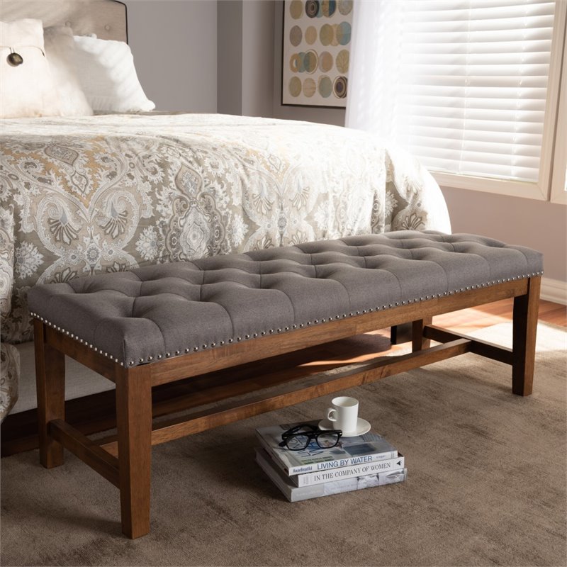 Baxton Studio Ainsley Tufted Bench in Grey and Walnut Brown