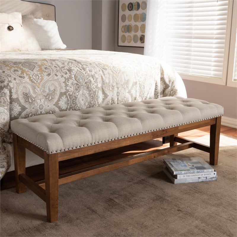 Baxton Studio Ainsley Tufted Bench in Light Beige and Walnut Brown